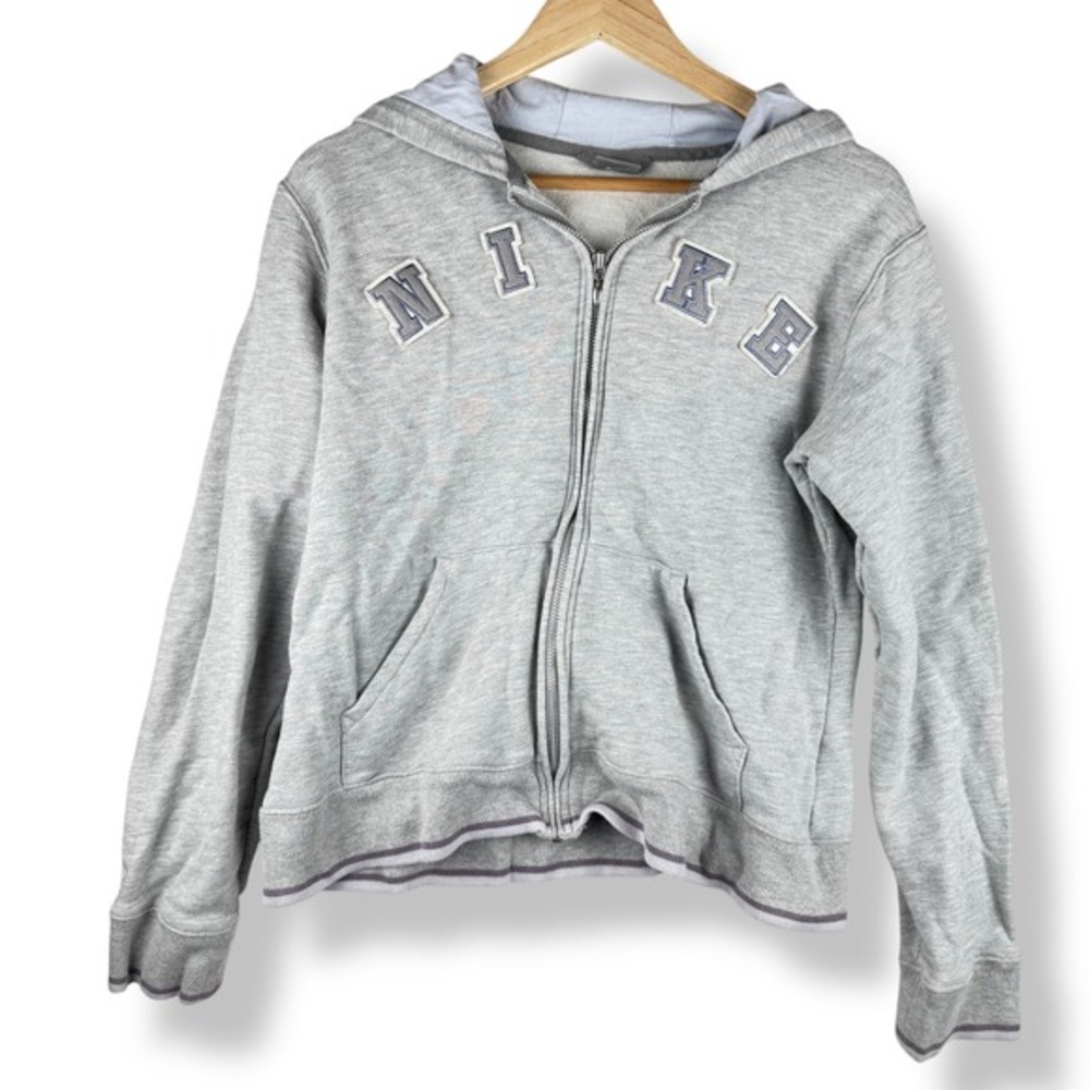 Nike Full Zip Hoodie Gray Letterman Style Jacket Girls Size 12 14 Runs Small Y2K